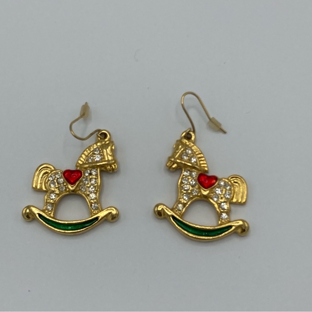 Gold Tone Crystal Rocking Horse Pierced Earrings